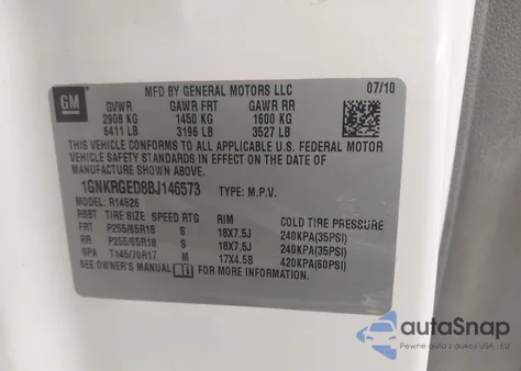 2011 Chevrolet Traverse 1Lt из США, поврежденный, VIN 1GNKRGED8BJ146573